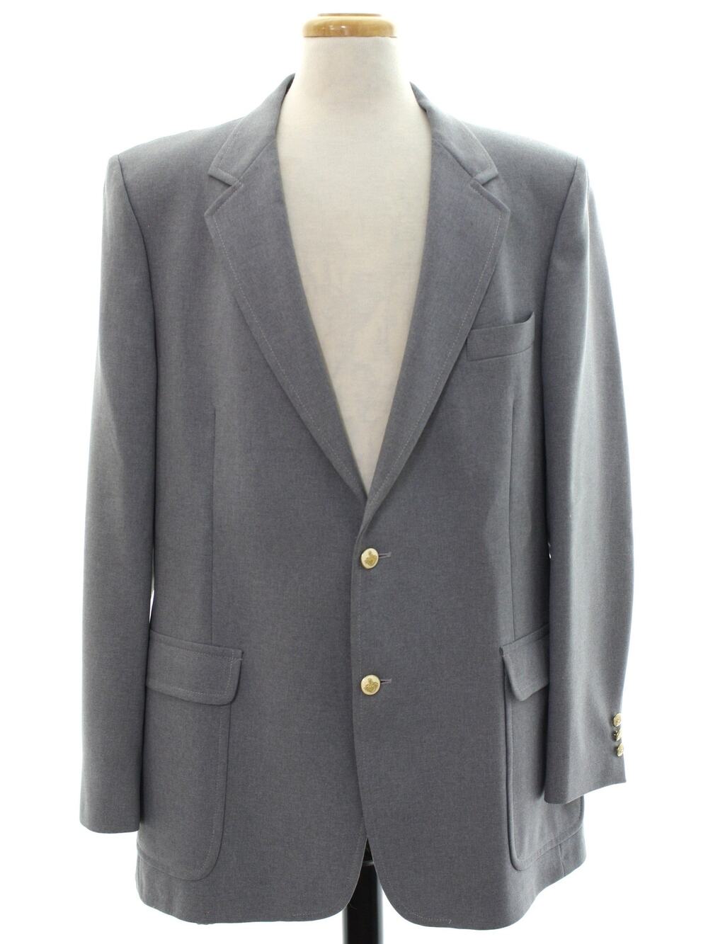 Vintage 1970s Knack Men's Gray Polyester Blazer Gold Crest Buttons 46L